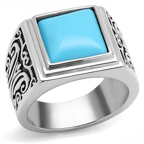 Tk3188 - High Polished (No Plating) Stainless Steel Ring With Synthetic Turquoise In Sea Blue