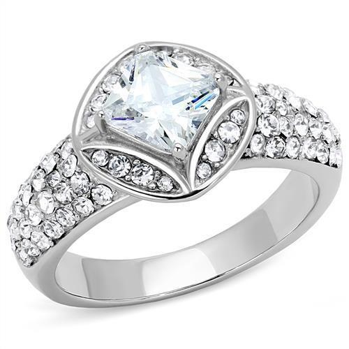 Tk3206 - High Polished (No Plating) Stainless Steel Ring With Aaa Grade Cz In Clear