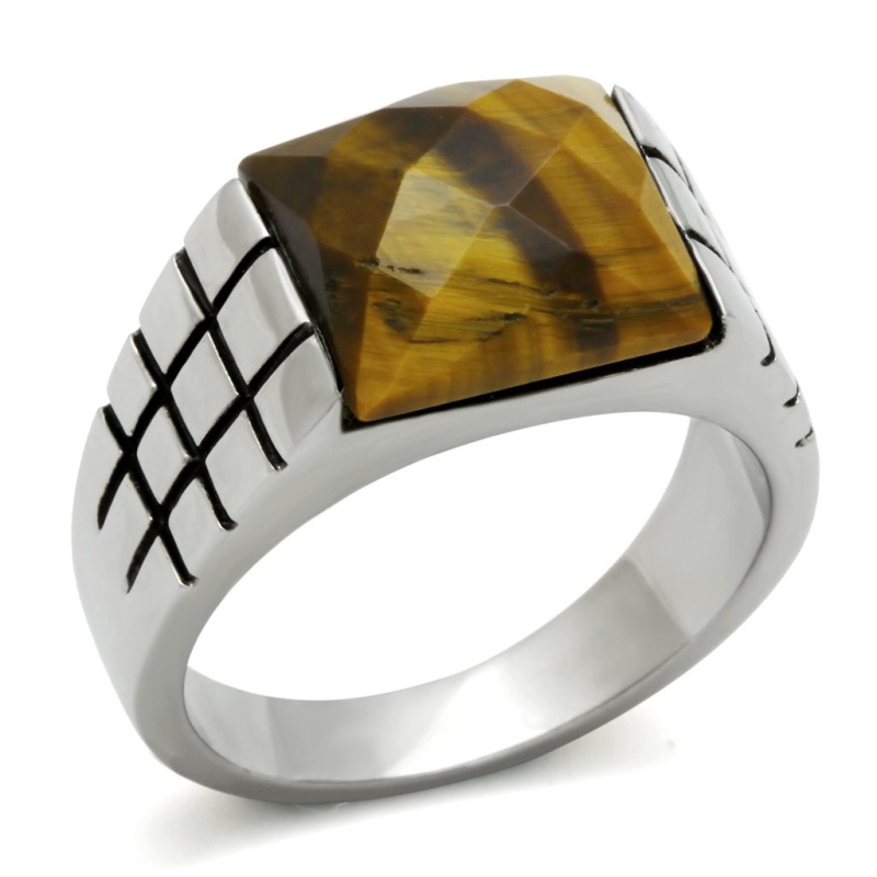 Tk324 - High Polished (No Plating) Stainless Steel Ring With Semi-Precious Tiger Eye In Smoked Quartz