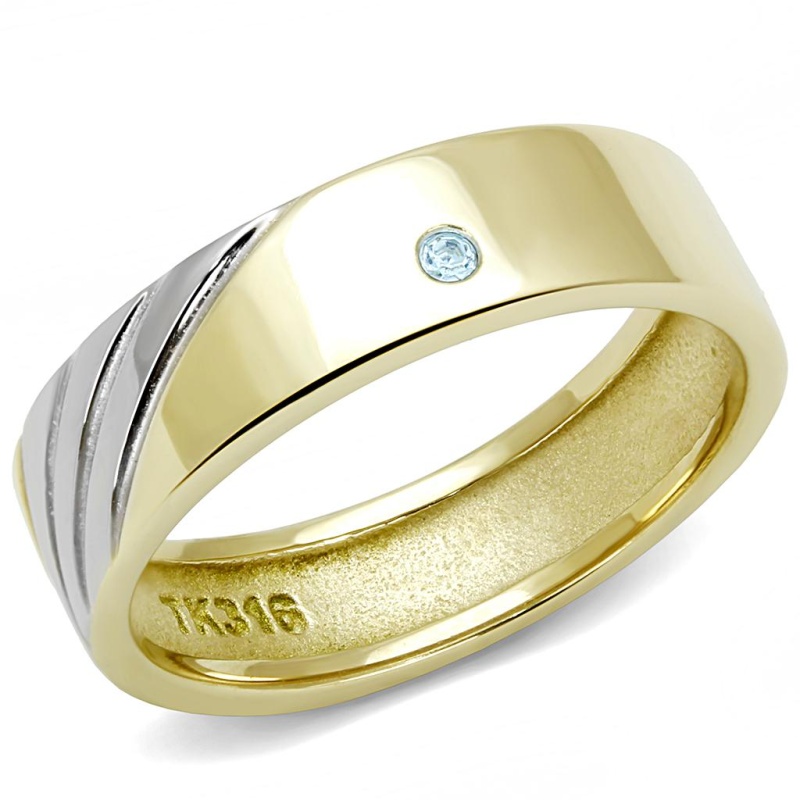 Tk3267 - Two-Tone Ip Gold (Ion Plating) Stainless Steel Ring With Top Grade Crystal In Sea Blue