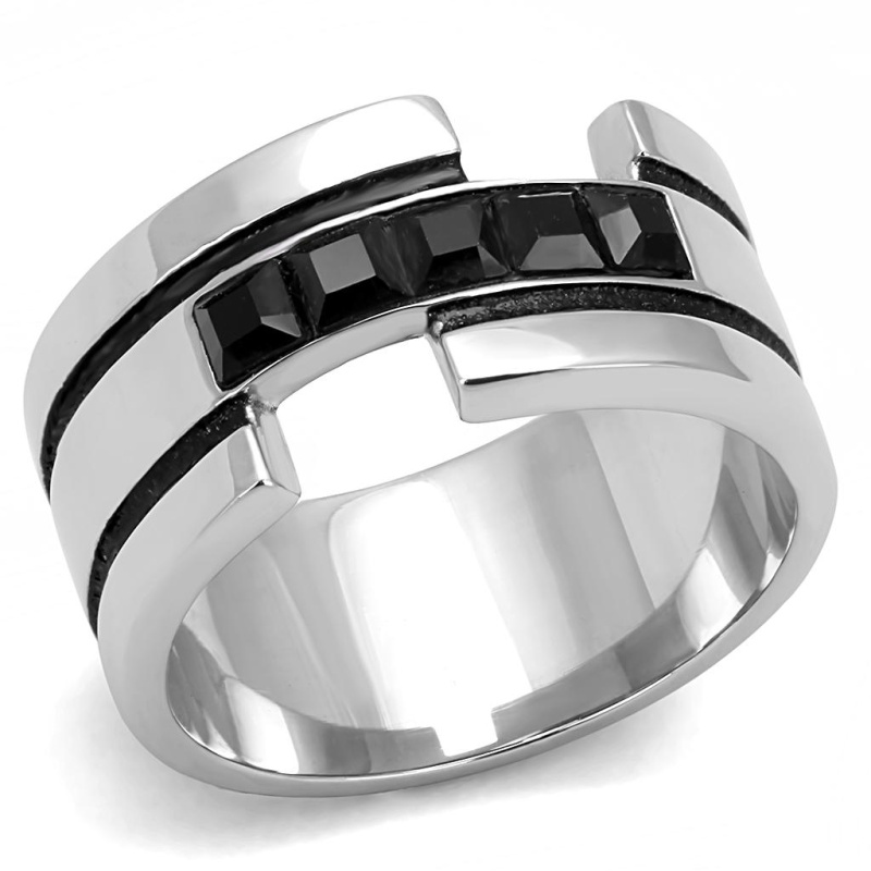 Tk3284 - High Polished (No Plating) Stainless Steel Ring With Top Grade Crystal In Jet