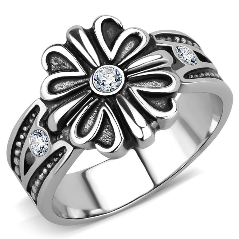 Tk3462 - High Polished (No Plating) Stainless Steel Ring With Top Grade Crystal In Clear