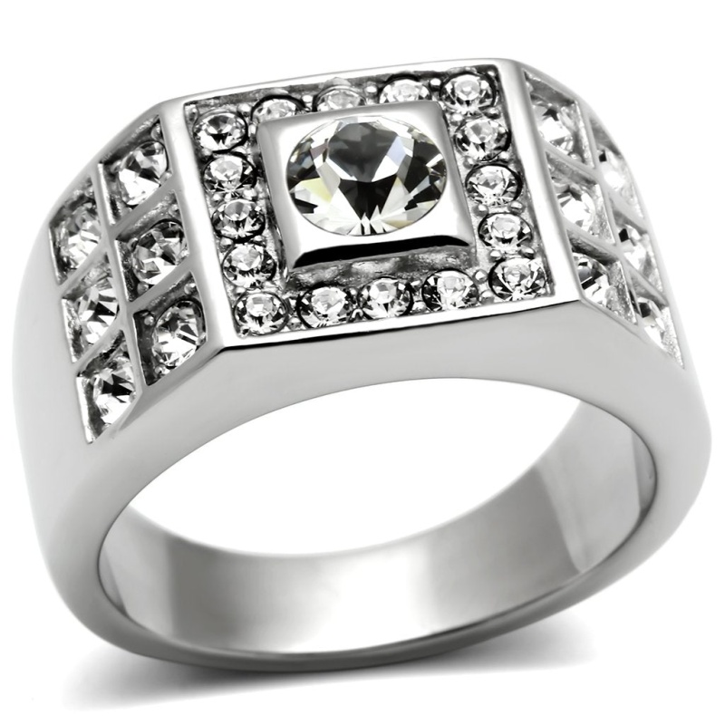 Tk350 - High Polished (No Plating) Stainless Steel Ring With Top Grade Crystal In Clear