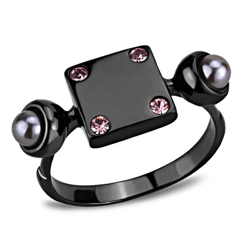 Tk3513 - Ip Light Black (Ip Gun) Stainless Steel Ring With Synthetic Pearl In Gray
