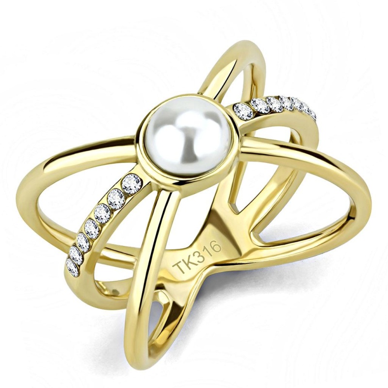 Tk3522 - Ip Gold(Ion Plating) Stainless Steel Ring With Synthetic Pearl In White