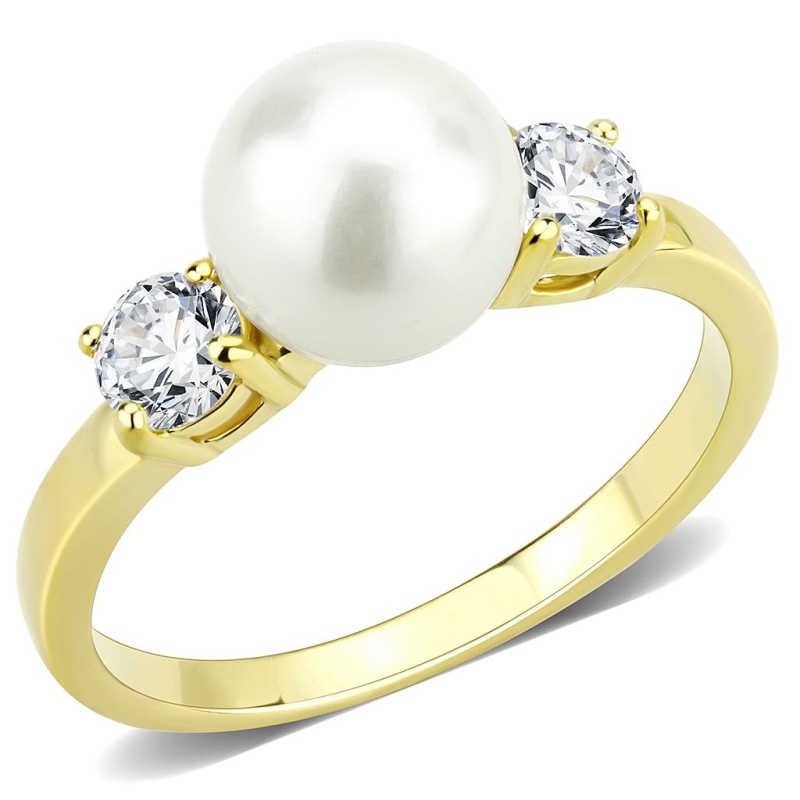 Tk3567 - Ip Gold(Ion Plating) Stainless Steel Ring With Synthetic Pearl In White