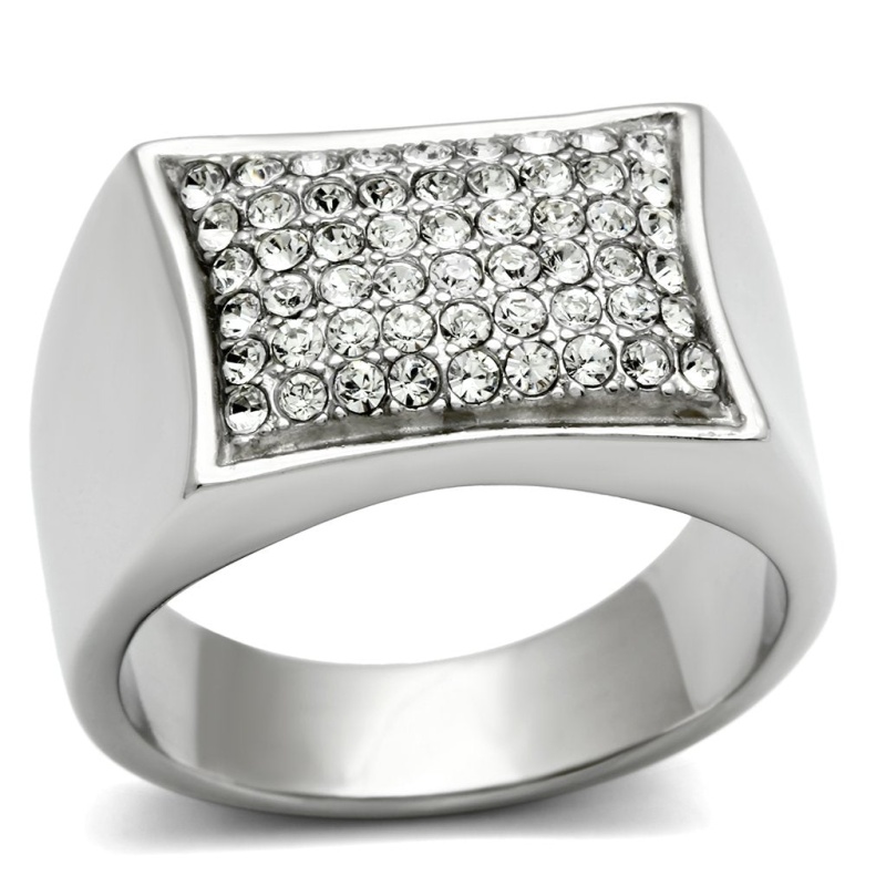 Tk357 - High Polished (No Plating) Stainless Steel Ring With Top Grade Crystal In Clear