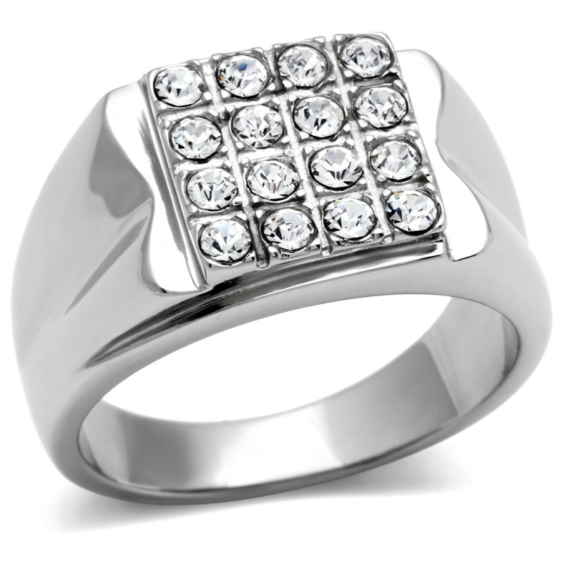 Tk359 - High Polished (No Plating) Stainless Steel Ring With Top Grade Crystal In Clear