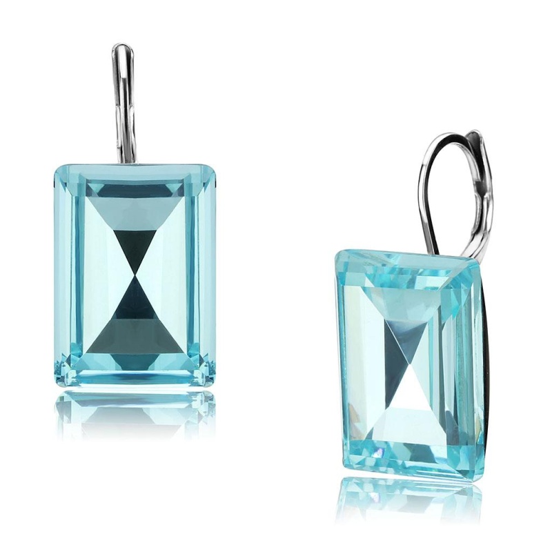 High Polished (No Plating) Stainless Steel Earrings With Top Grade Crystal In Sea Blue