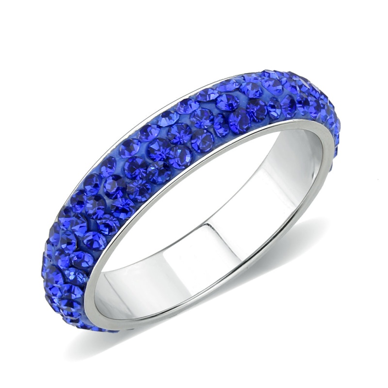 Tk3838 - High Polished (No Plating) Stainless Steel Ring With Top Grade Crystal In Sapphire(206)