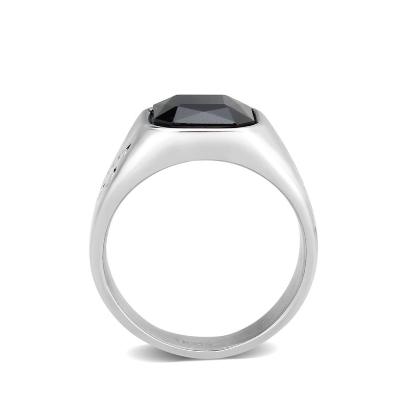 Tk3889 - High Polished (No Plating) Stainless Steel Ring With Aaa Grade Cz In Jet