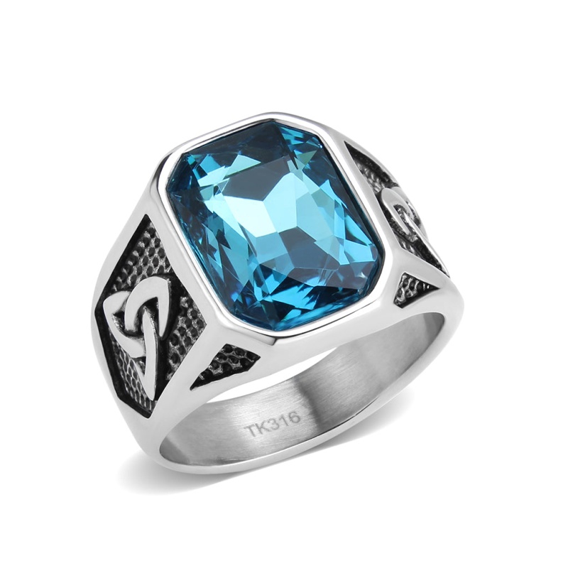 Tk3908 - High Polished (No Plating) Stainless Steel Ring With Top Grade Crystal In Seablue