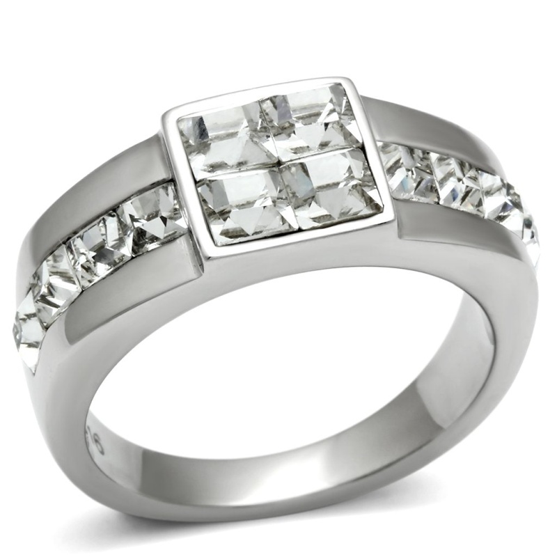 Tk487 - High Polished (No Plating) Stainless Steel Ring With Top Grade Crystal In Clear
