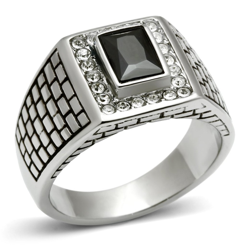 Tk494 - High Polished (No Plating) Stainless Steel Ring With Aaa Grade Cz In Jet