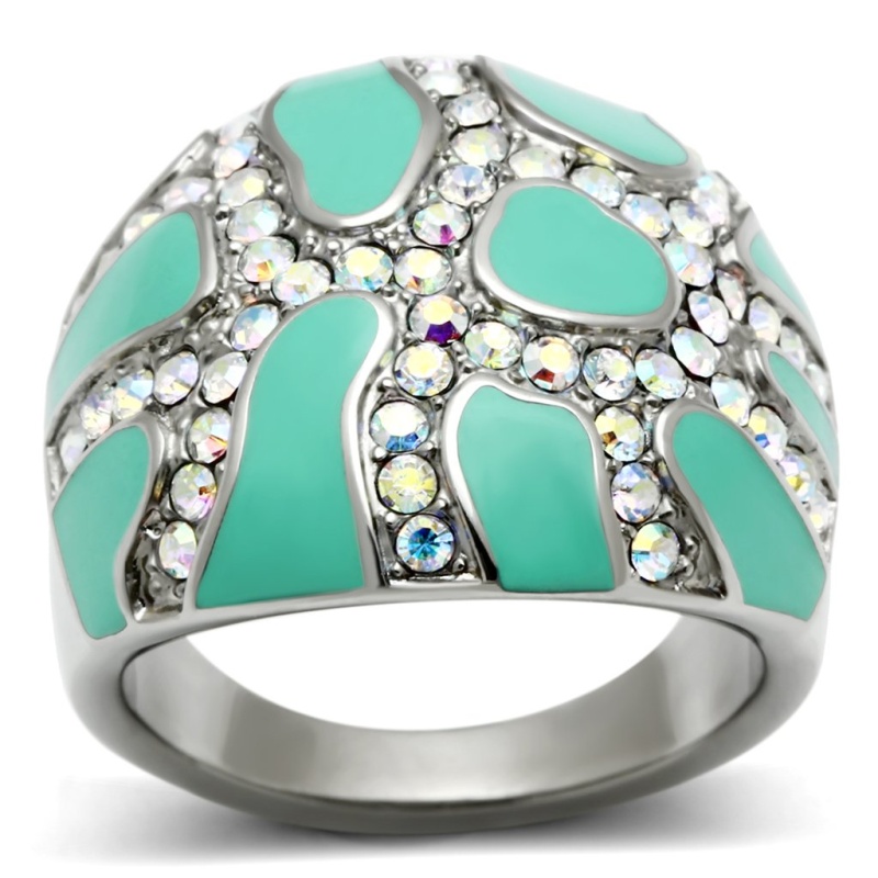Tk507 - High Polished (No Plating) Stainless Steel Ring With Top Grade Crystal In Aurora Borealis (Rainbow Effect)