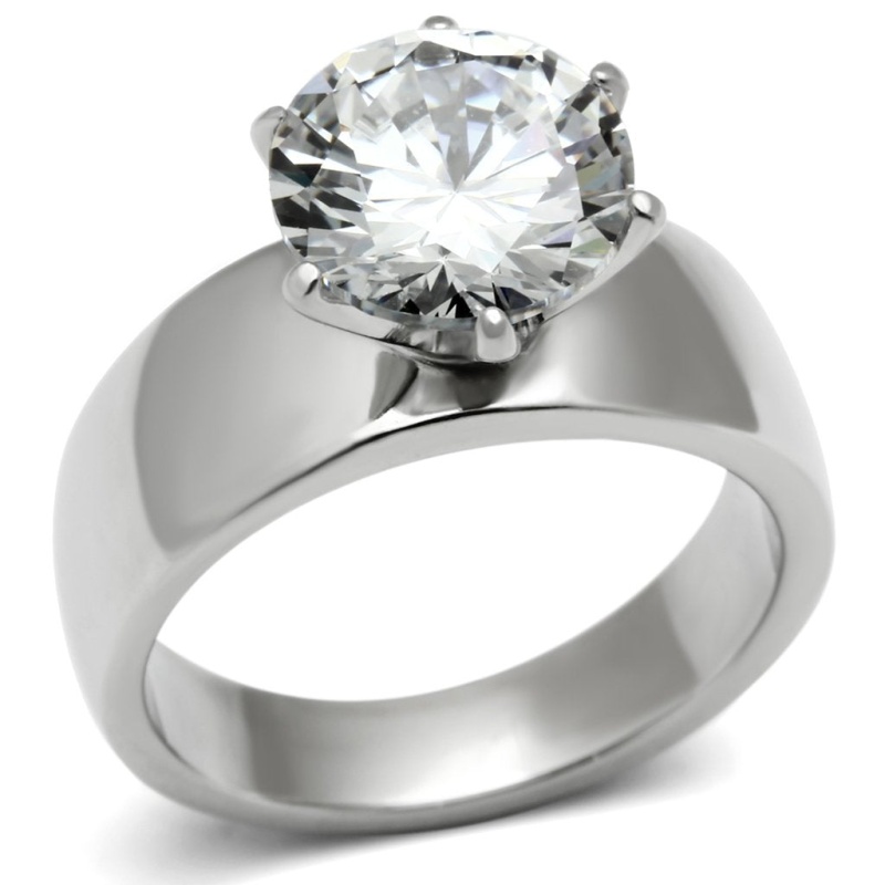Tk520 - High Polished (No Plating) Stainless Steel Ring With Aaa Grade Cz In Clear
