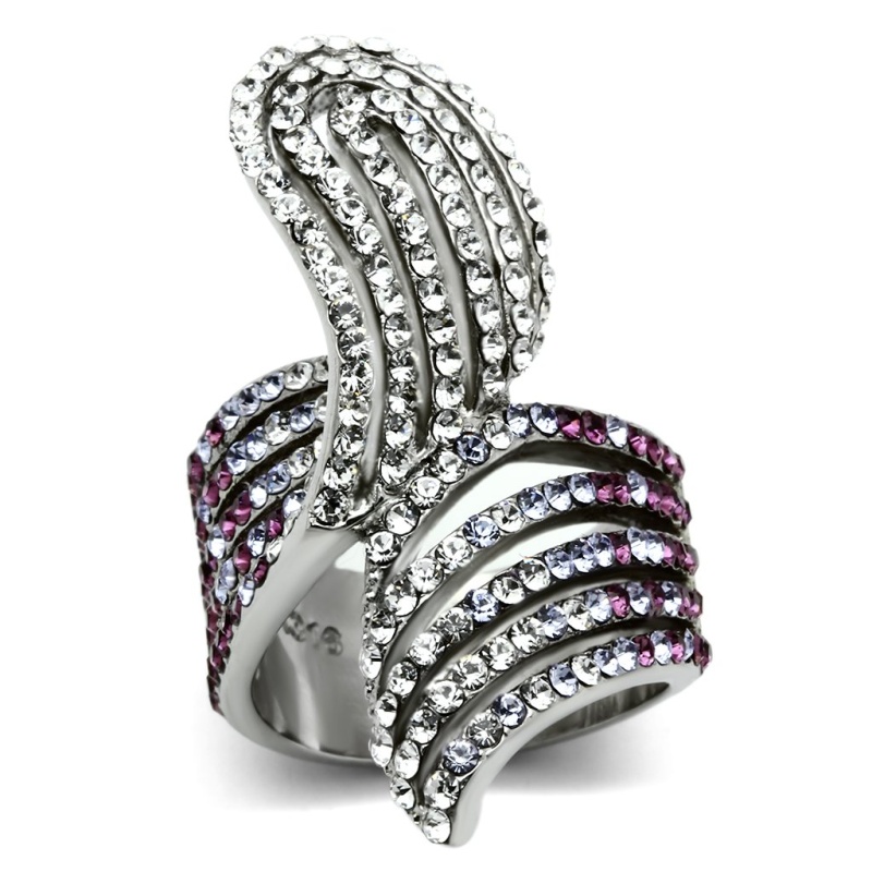 Tk691 - High Polished (No Plating) Stainless Steel Ring With Top Grade Crystal In Multi Color