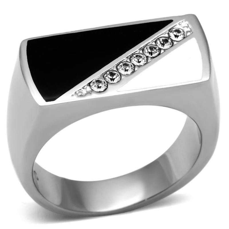 Tk704 - High Polished (No Plating) Stainless Steel Ring With Top Grade Crystal In Clear