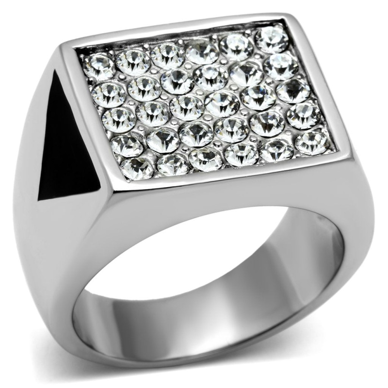 Tk707 - High Polished (No Plating) Stainless Steel Ring With Top Grade Crystal In Clear