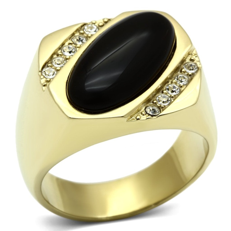 Tk716 - Ip Gold(Ion Plating) Stainless Steel Ring With Semi-Precious Onyx In Jet