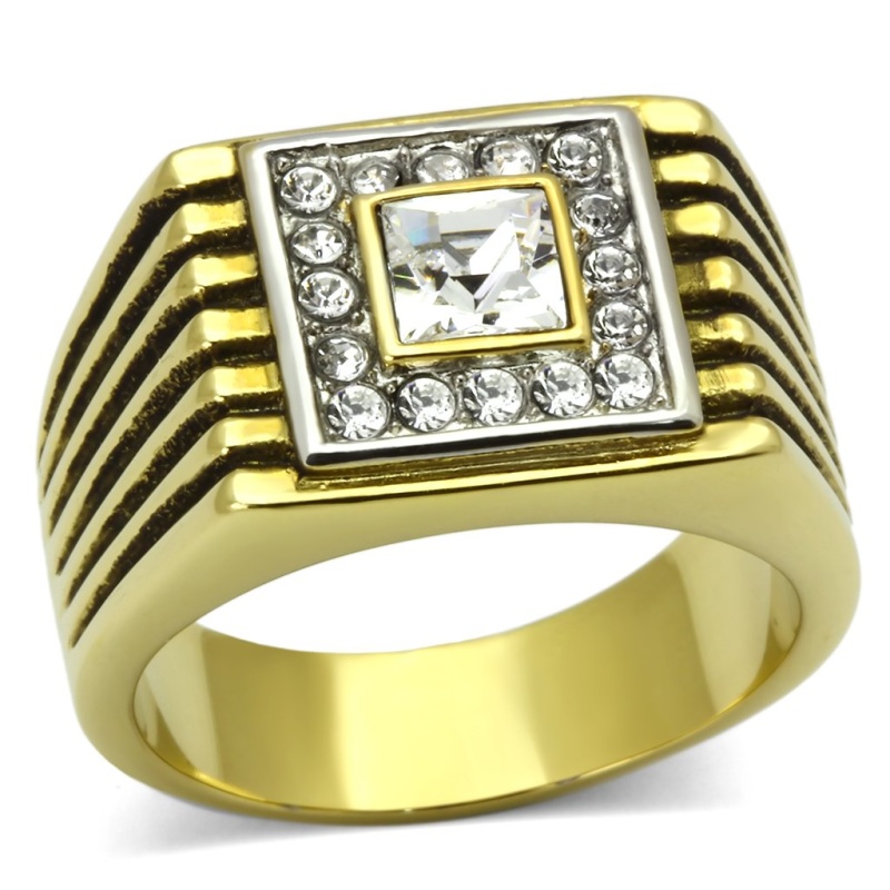 Tk750 - Two-Tone Ip Gold (Ion Plating) Stainless Steel Ring With Top Grade Crystal In Clear