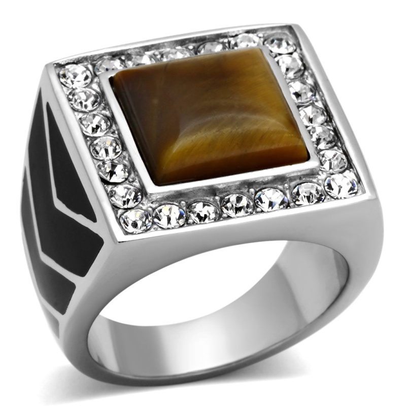 Tk938 - High Polished (No Plating) Stainless Steel Ring With Synthetic Tiger Eye In Topaz