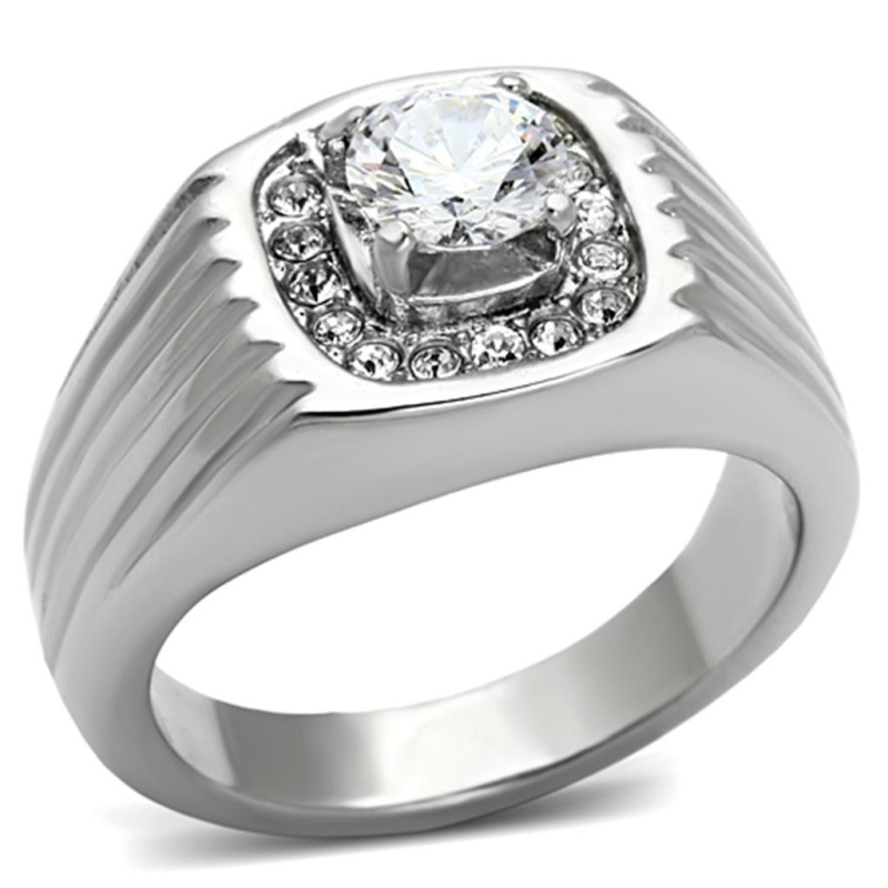 Tk943 - High Polished (No Plating) Stainless Steel Ring With Aaa Grade Cz In Clear