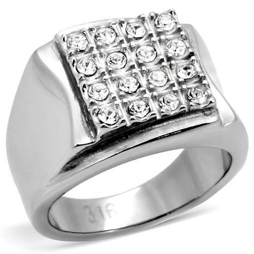 Tk95409 - High Polished (No Plating) Stainless Steel Ring With Top Grade Crystal In Clear
