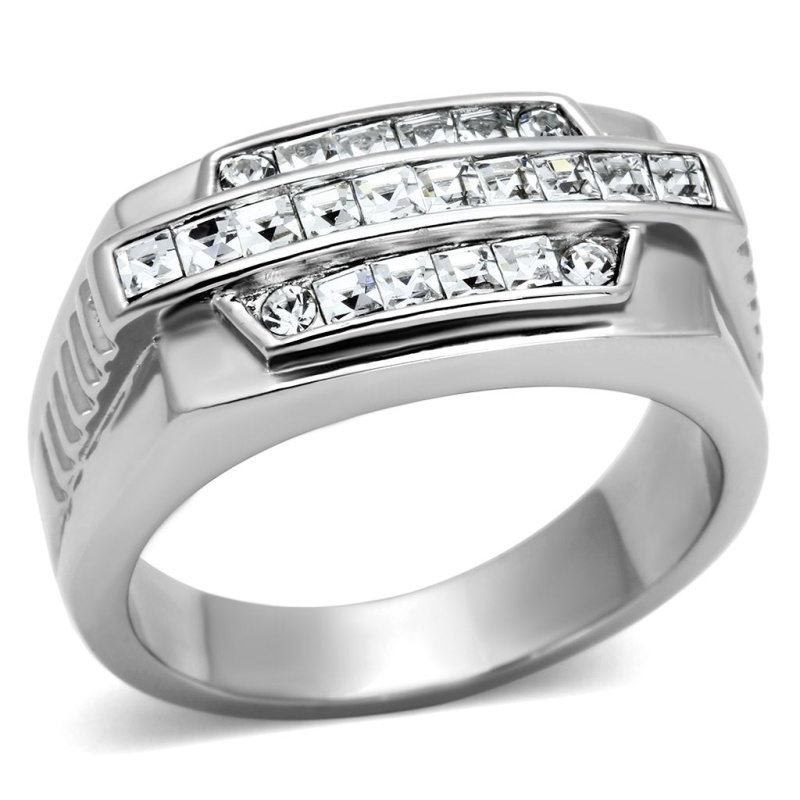 Tk956 - High Polished (No Plating) Stainless Steel Ring With Top Grade Crystal In Clear