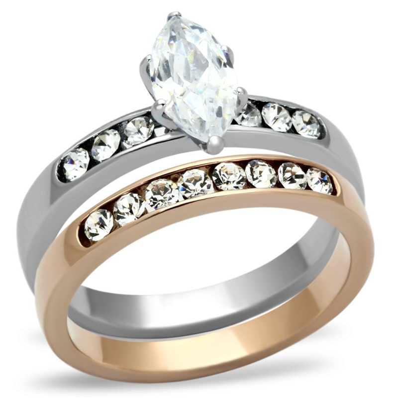 Tk965 - Two-Tone Ip Rose Gold Stainless Steel Ring With Aaa Grade Cz In Clear