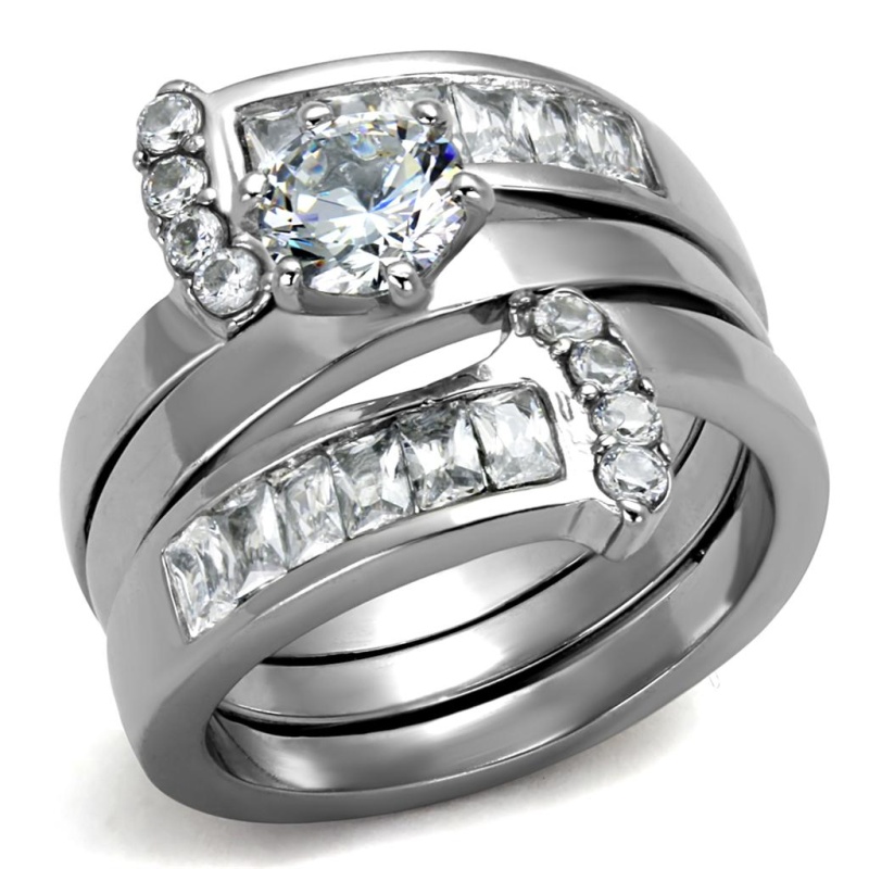 Tk976 - High Polished (No Plating) Stainless Steel Ring With Aaa Grade Cz In Clear