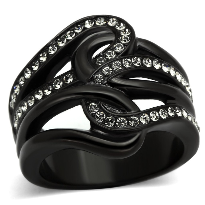 Tk978 - Ip Black(Ion Plating) Stainless Steel Ring With Top Grade Crystal In Black Diamond