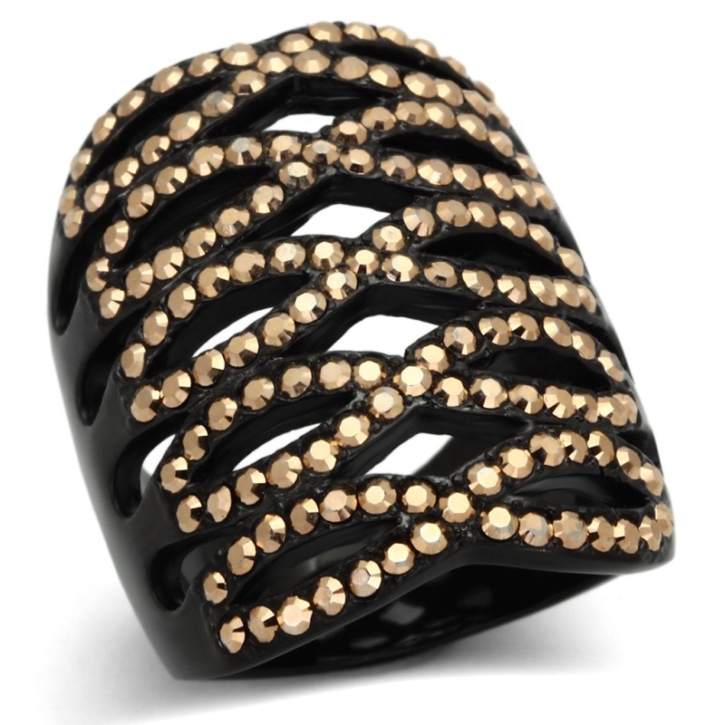 Tk979 - Ip Black(Ion Plating) Stainless Steel Ring With Top Grade Crystal In Metallic Light Gold