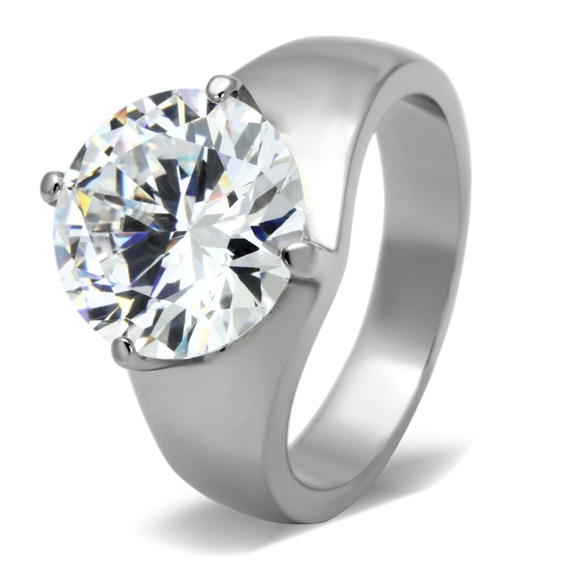 Tk999 - High Polished (No Plating) Stainless Steel Ring With Aaa Grade Cz In Clear