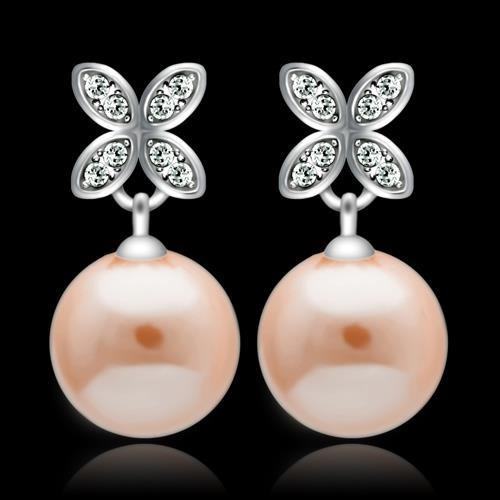 Rhodium 925 Sterling Silver Earrings With Synthetic Pearl In Light Rose