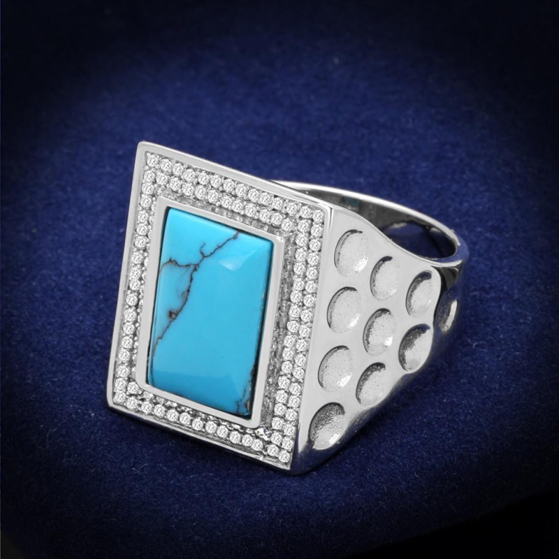 Ts228 - Rhodium 925 Sterling Silver Ring With Synthetic Turquoise In Sea Blue