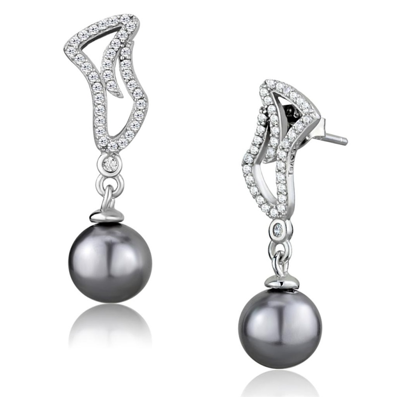 Rhodium 925 Sterling Silver Earrings With Synthetic Pearl In Gray