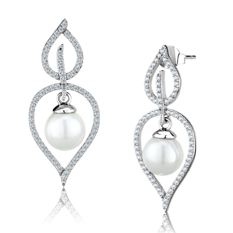 Rhodium 925 Sterling Silver Earrings With Semi-Precious Glass Bead In White
