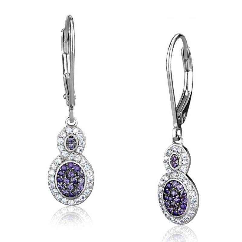 Rhodium + Ruthenium 925 Sterling Silver Earrings With Aaa Grade Cz In Amethyst