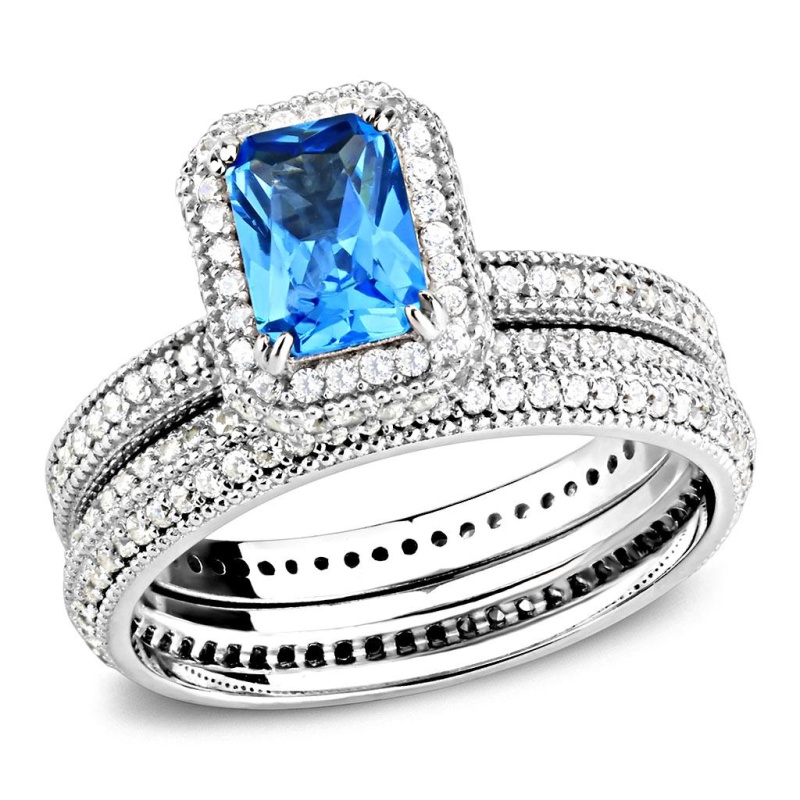 Ts615 - Rhodium 925 Sterling Silver Ring With Synthetic Synthetic Glass In Sea Blue