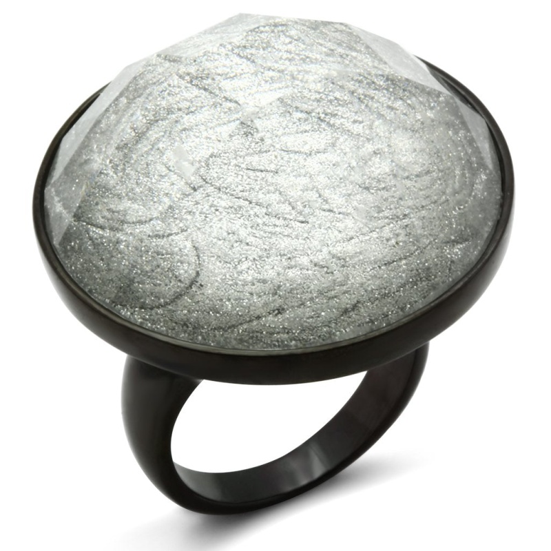 Vl003 - Ip Black(Ion Plating) Brass Ring With Synthetic Synthetic Stone In Light Gray