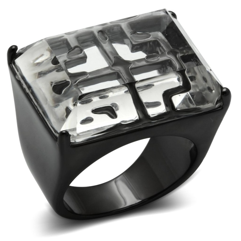 Vl008 - Tin Cobalt Black Brass Ring With Synthetic Synthetic Stone In Clear