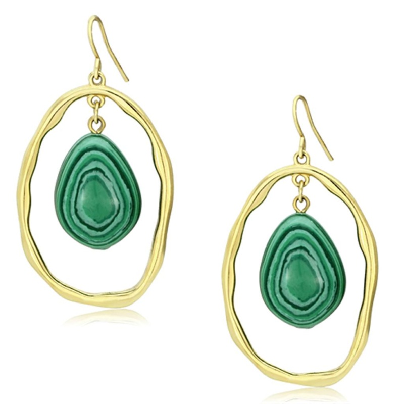 Ip Gold(Ion Plating) Brass Earrings With Synthetic Malachite In Turquoise