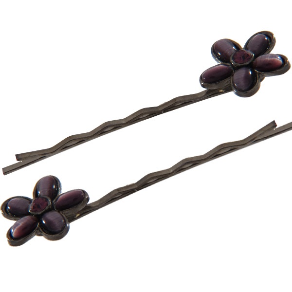 Pair Of Flower Bobbie Pins Purple/Gunmetal - 3 Pair Bulk Package