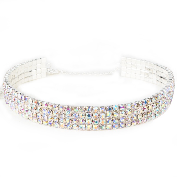 Rhinestone Stretch Choker 4 Row Wide Stretch Crystal Ab Silver