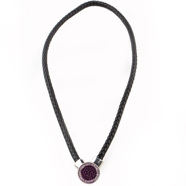 1-Snap Black Leather Necklace - Amethyst/Crystal (Grape/Crystal)