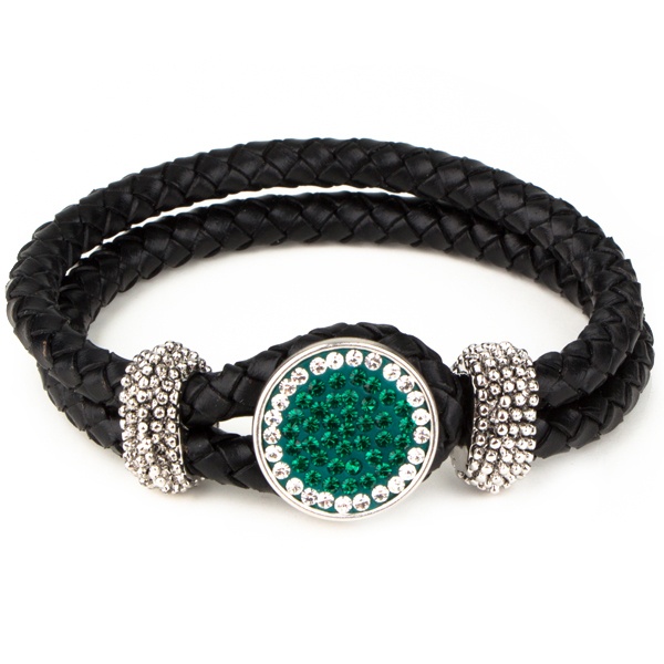1-Snap Black Leather Bracelet - Emerald/Crystal