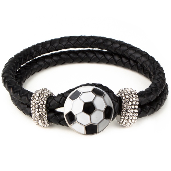Soccer 1-Snap Black Leather Bracelet - Crystal/Jet (Metal Bk/Silver)