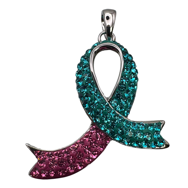 Game Time Bling - Breast & Ovarian Cancer Awareness Pendant - Rose / Blue Zircon