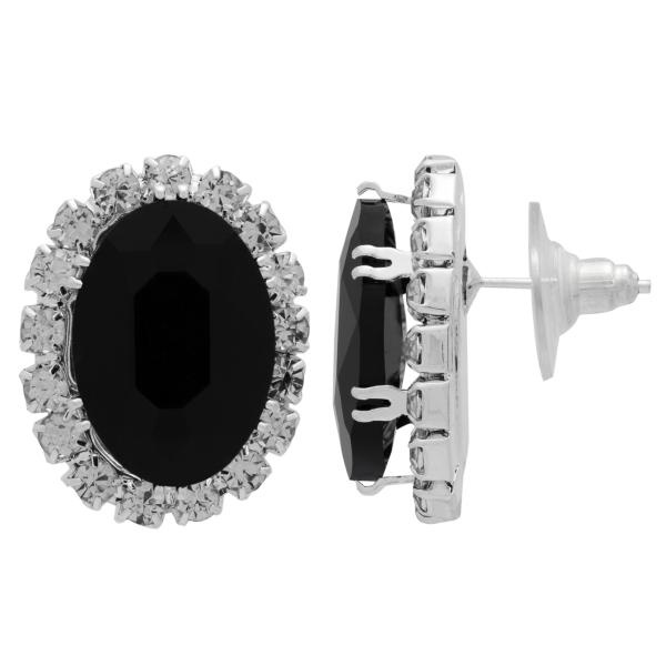 Oval Rhinestone Earrings 18X13 Mm Jet/Silver - Pair